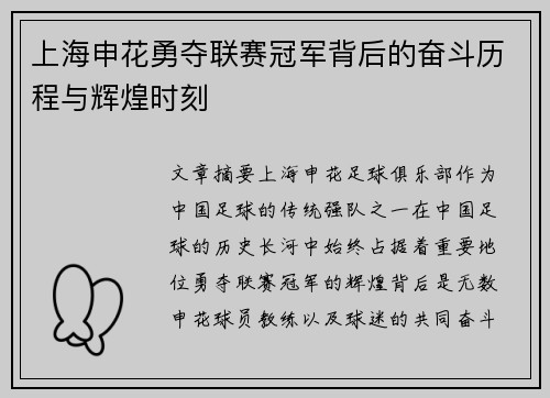 上海申花勇夺联赛冠军背后的奋斗历程与辉煌时刻