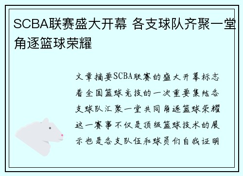 SCBA联赛盛大开幕 各支球队齐聚一堂角逐篮球荣耀